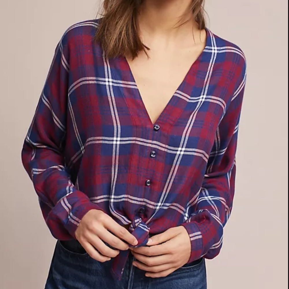 Rails Top Women’s Size M Sloane Tie Front Button Crop Red Blue Plaid Long Sleeve